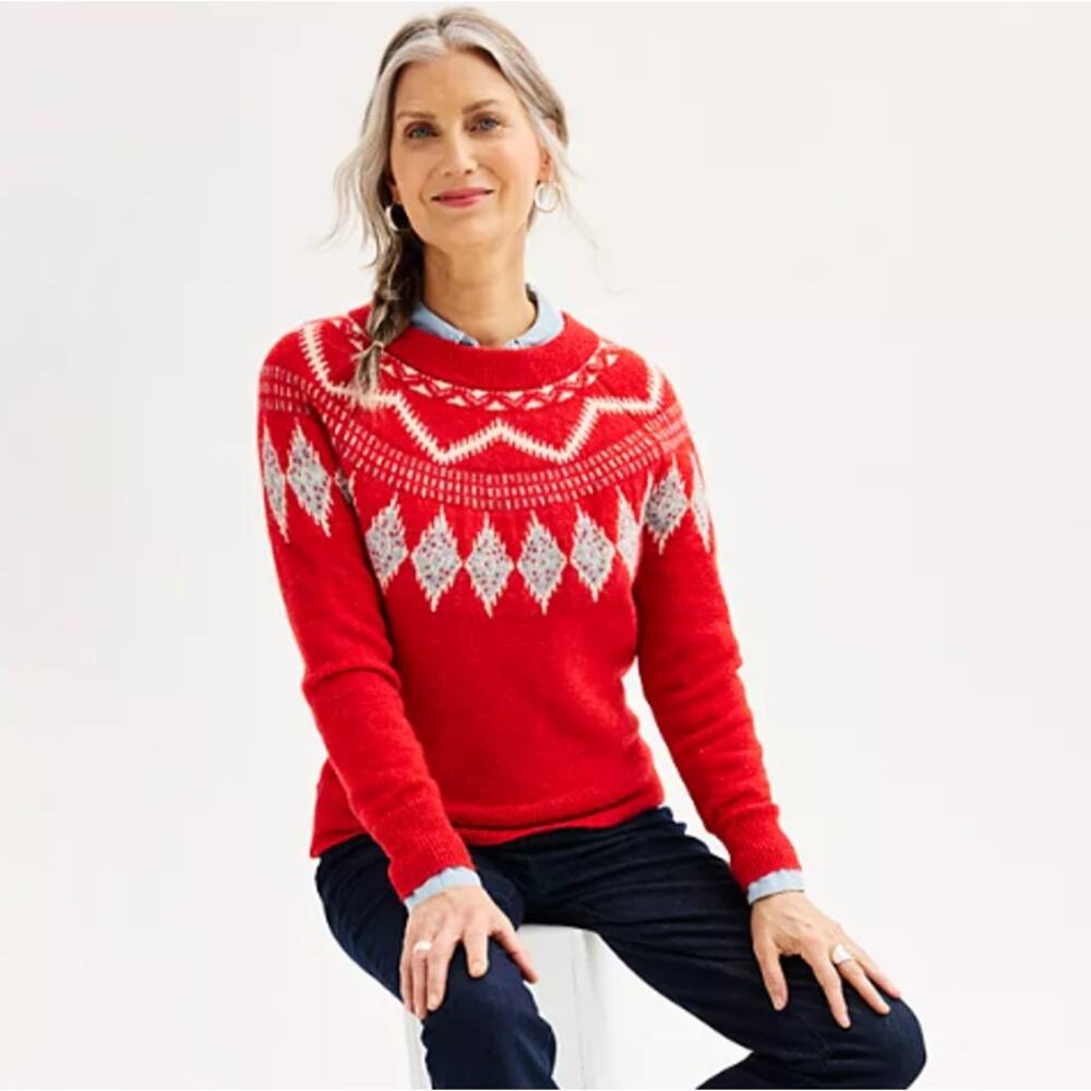 CROFT & BARROW Red Diamond Fairisle Knit Crewneck Sweater sz XL